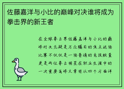 佐藤嘉洋与小比的巅峰对决谁将成为拳击界的新王者