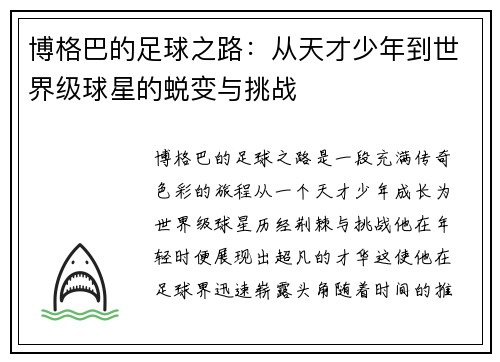 博格巴的足球之路：从天才少年到世界级球星的蜕变与挑战